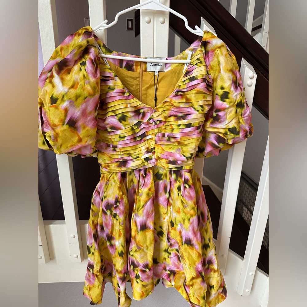 Aureta Vibrant Yellow and Pink Floral Dress
